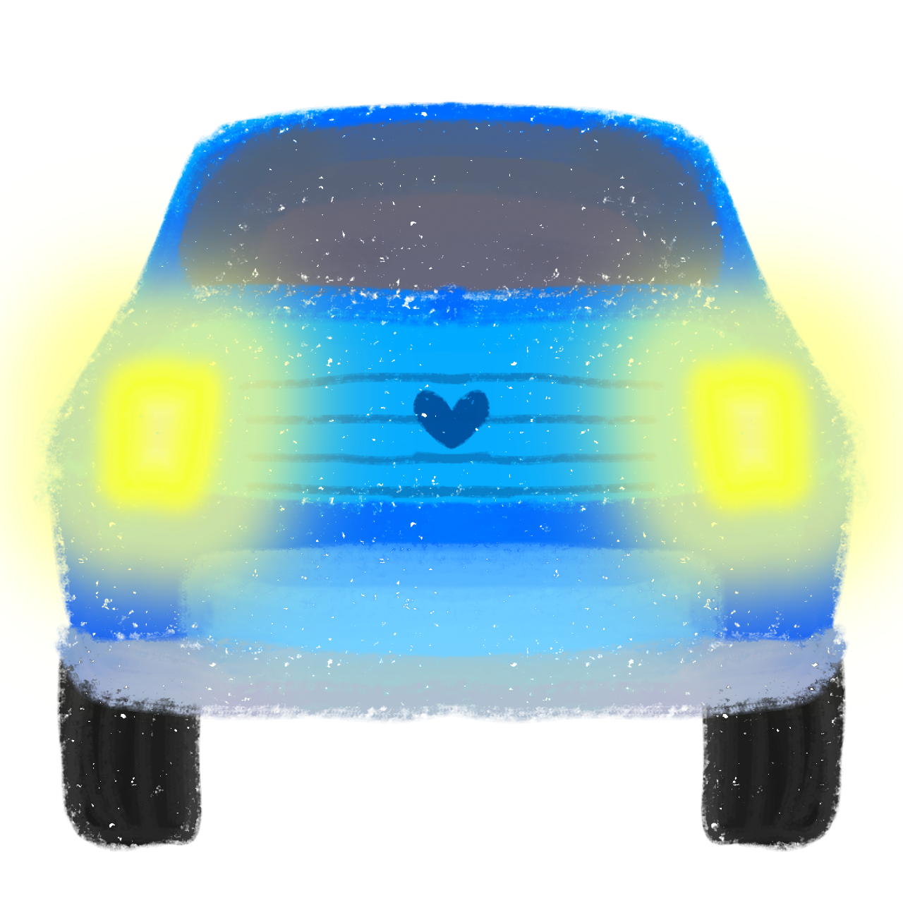  a stylized front view of a blue car. The car has two bright yellow headlights, one on each side, glowing very bright to emphasize the brights are on . In the center of the grille area is a small heart symbol.